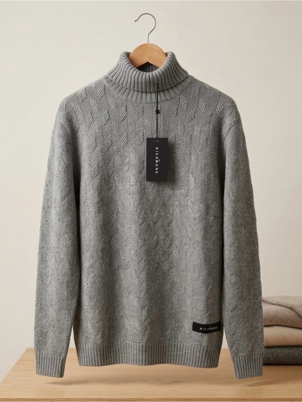 John Richmond Men’s Grey Turtleneck Cable Knit Sweater